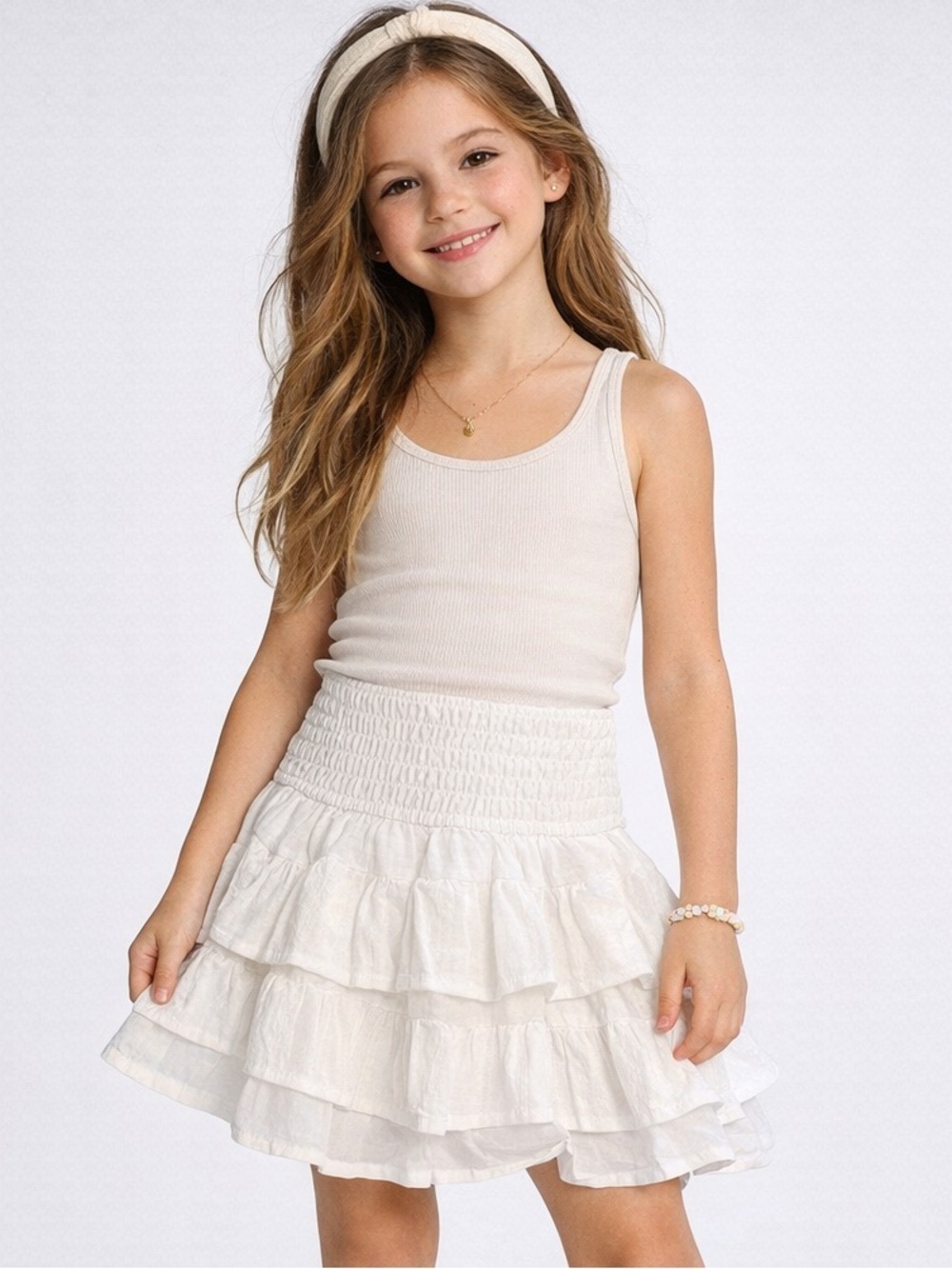 Girls 6/7 Off White Boho Tiered Ruffle Skirt Smocked Waist NWT